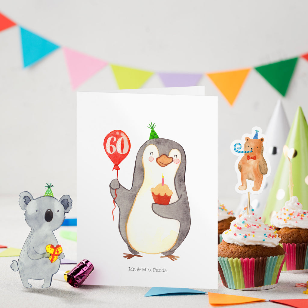 Geburtstagskarte 60. Geburtstag Pinguin Luftballon Grusskarte, Klappkarte, Einladungskarte, Glückwunschkarte, Hochzeitskarte, Geburtstagskarte, Geburtstag, Geburtstagsgeschenk, Geschenk, Pinguin, Geburtstage, Happy Birthday, Geburtstagsfeier