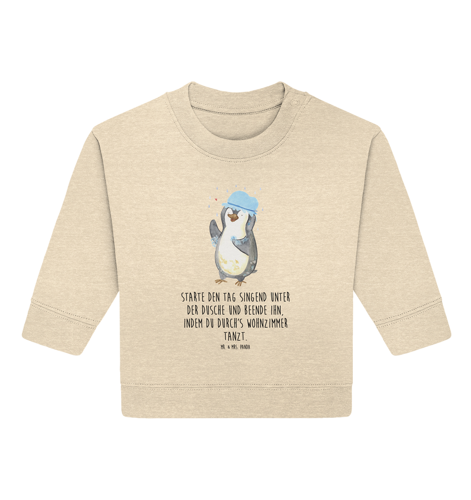 Organic Baby Pullover Pinguin duscht Wunderschöner Baby Pullover /Sweatshirt von Mr. & Mrs. Panda <br /><br />Material: <br />- 85 % Baumwolle (Bio-Qualität, ringgesponnen, gekämmt)<br />- 15 % Polyester (recycelt)</li><li>Grammatur: 280 g/m²<br />- Schnitt: normale Passform</li><li>Eingesetzte Ärmel<br />- Knopfleiste mit 1 gleichfarbigen Druckknopf und 1 verdeckten Druckknopf an Schulter für einfacheres Anziehen, Pinguin, Pinguine, Dusche, duschen, Lebensmotto, Motivation, Neustart, Neuanfang, glücklich sein