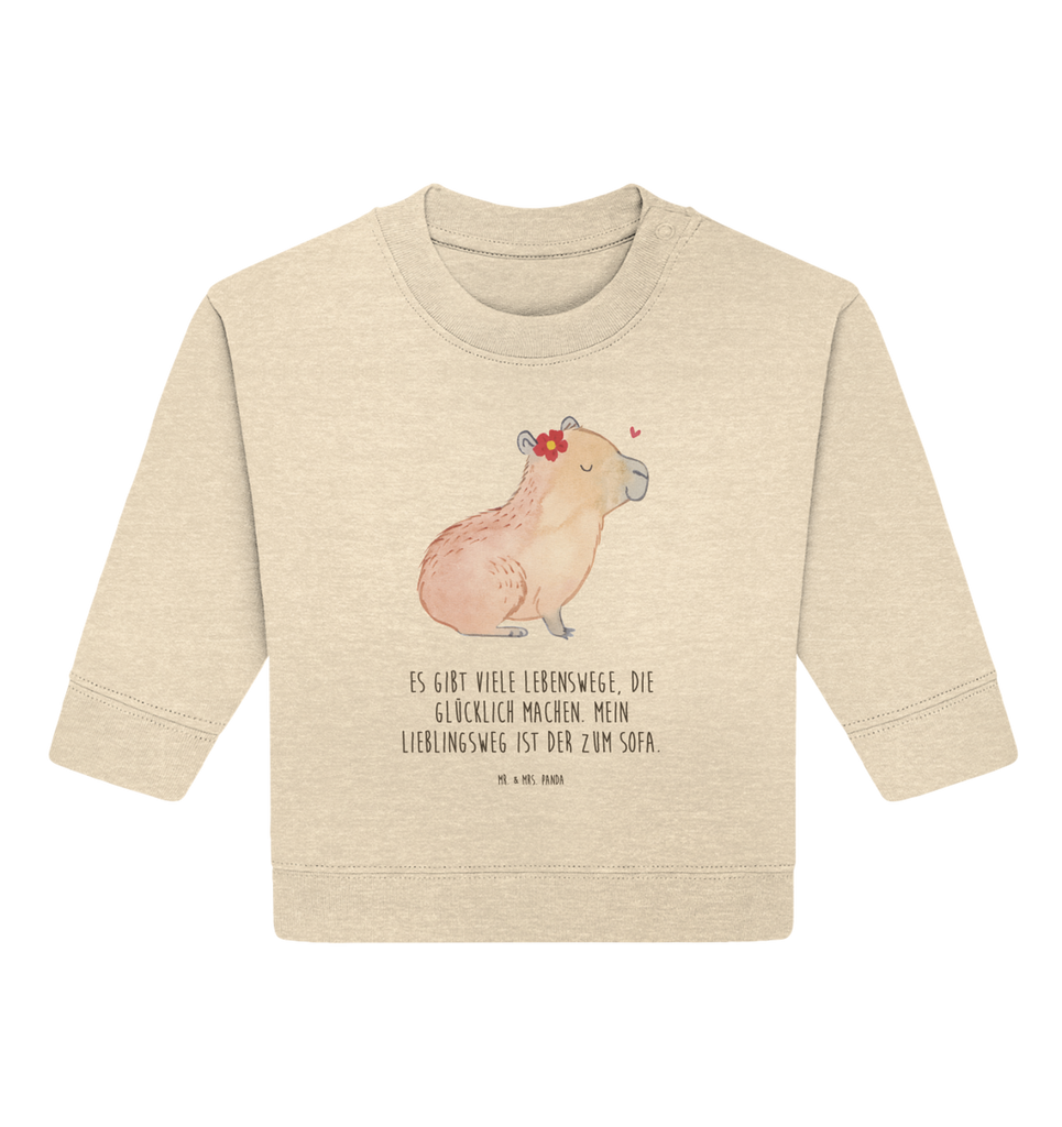 Organic Baby Pullover Capybara Blume Wunderschöner Baby Pullover /Sweatshirt von Mr. & Mrs. Panda <br /><br />Material: <br />- 85 % Baumwolle (Bio-Qualität, ringgesponnen, gekämmt)<br />- 15 % Polyester (recycelt)</li><li>Grammatur: 280 g/m²<br />- Schnitt: normale Passform</li><li>Eingesetzte Ärmel<br />- Knopfleiste mit 1 gleichfarbigen Druckknopf und 1 verdeckten Druckknopf an Schulter für einfacheres Anziehen, Tiermotive, Gute Laune, lustige Sprüche, Tiere, Capybara