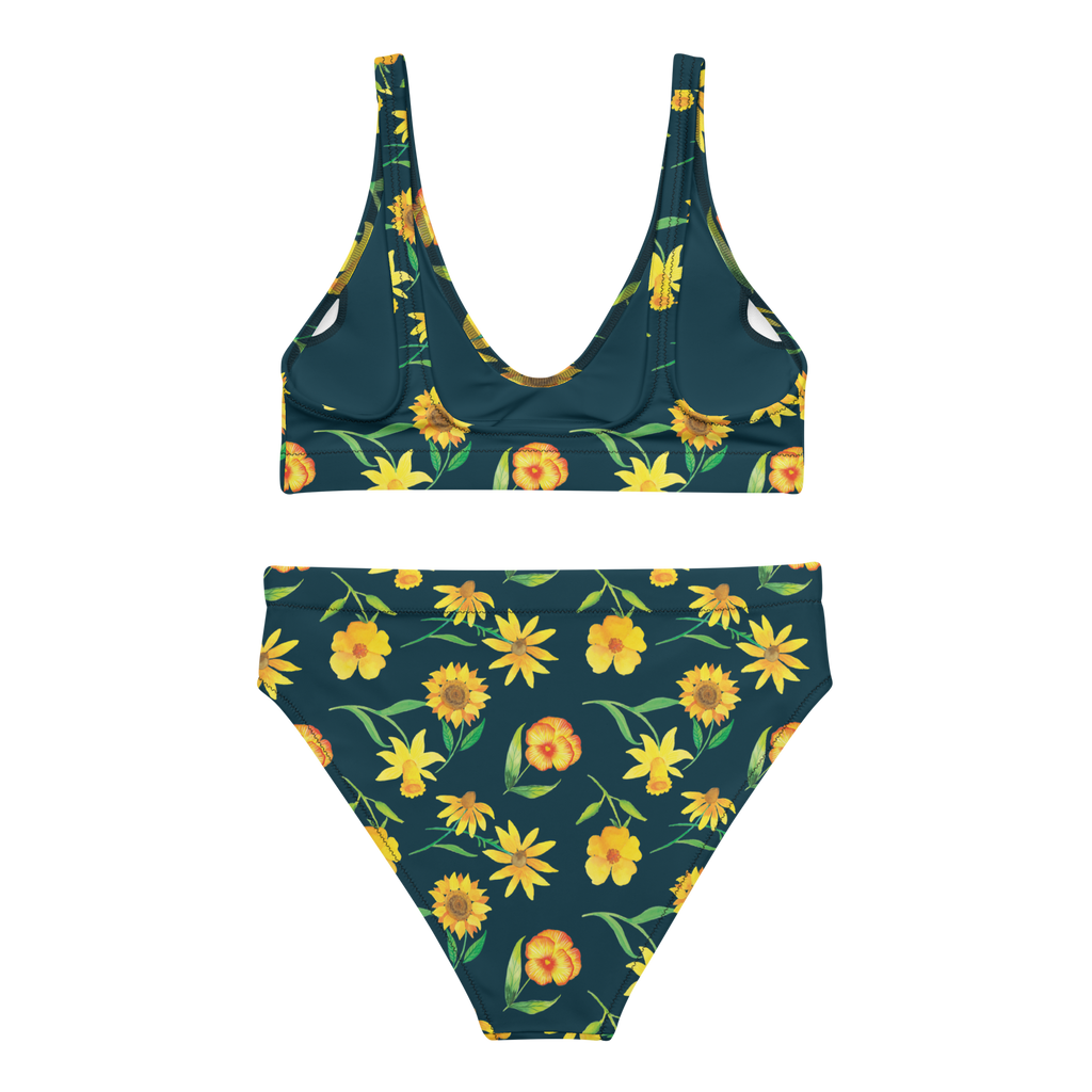 Bikini Sonnengruß Design Bikini, High Waist Bikini, Bademode, Bikinihose, Bikinioberteil, 2er Set, Zweiteiler, Muster, Blumen, gelbe Blumen, Sonnenblume, Osterglocke