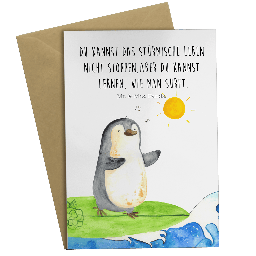 Grußkarte Pinguin Surfer Klappkarte, Einladungskarte, Glückwunschkarte, Hochzeitskarte, Geburtstagskarte, Karte, Pinguin, Pinguine, surfen, Surfer, Hawaii, Urlaub, Wellen, Wellen reiten, Portugal