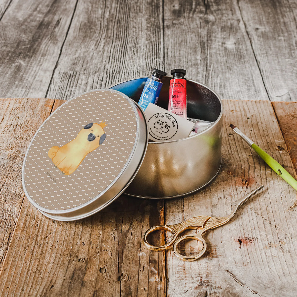 Round tin pug Crown gift box, cookie tin, storage, tin can, tin, storage tin, dog, mutt, hound, woof, dog mama, dog breed, love dogs, love for dogs, dog decorative items, bag with dog print, funny gifts for dog owners, what do you give a dog lover, Christmas gifts for dogs, gifts for dogs, dog sayings, allergic, funny, house rules, Pug, childless, dog owners. Saying