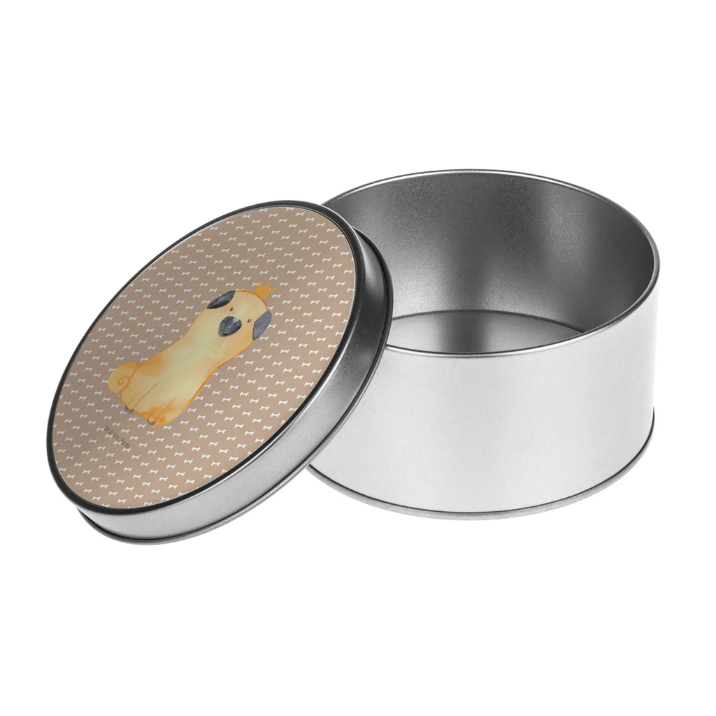 Round tin pug Crown gift box, cookie tin, storage, tin can, tin, storage tin, dog, mutt, hound, woof, dog mama, dog breed, love dogs, love for dogs, dog decorative items, bag with dog print, funny gifts for dog owners, what do you give a dog lover, Christmas gifts for dogs, gifts for dogs, dog sayings, allergic, funny, house rules, Pug, childless, dog owners. Saying