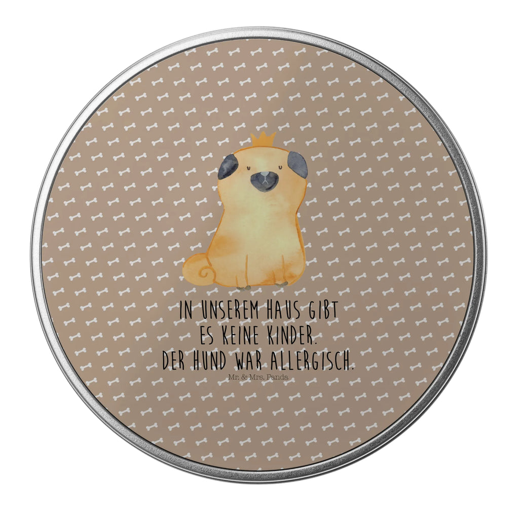 Round tin pug Crown gift box, cookie tin, storage, tin can, tin, storage tin, dog, mutt, hound, woof, dog mama, dog breed, love dogs, love for dogs, dog decorative items, bag with dog print, funny gifts for dog owners, what do you give a dog lover, Christmas gifts for dogs, gifts for dogs, dog sayings, allergic, funny, house rules, Pug, childless, dog owners. Saying