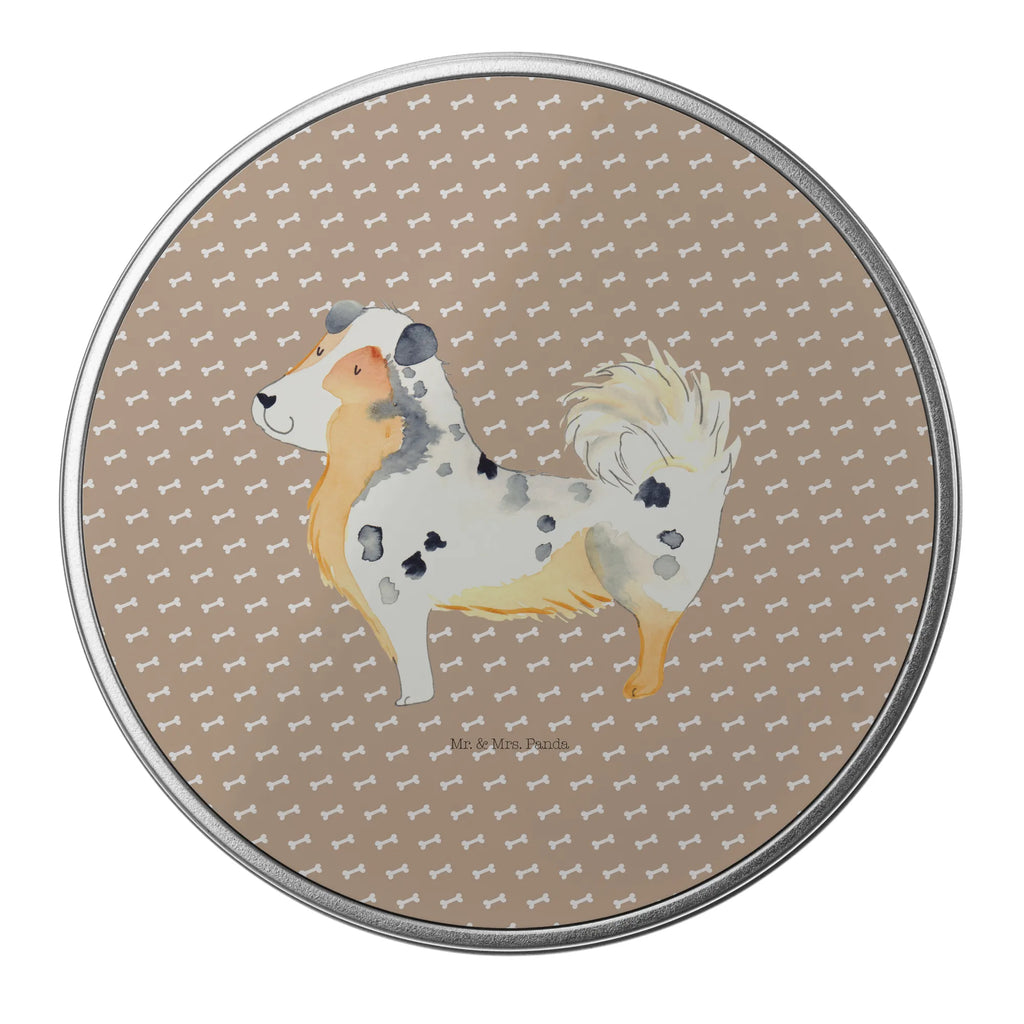 okrągła puszka z blachy Pies Owczarek australijski Pies, motyw psa, zwierzę domowe, rasa psa, miłośnik zwierząt, właściciel psa, powiedzenia