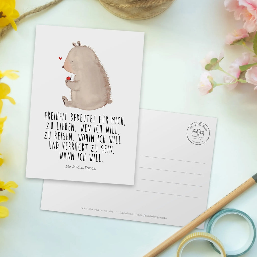 Postcard bear ladybug card, postcards, Postcard, gift, invitation, invitation card, letter, paper, gift card, bear, teddy, teddy bear, cuddly toy, motivation, ladybird, life is beautiful, freedom, love