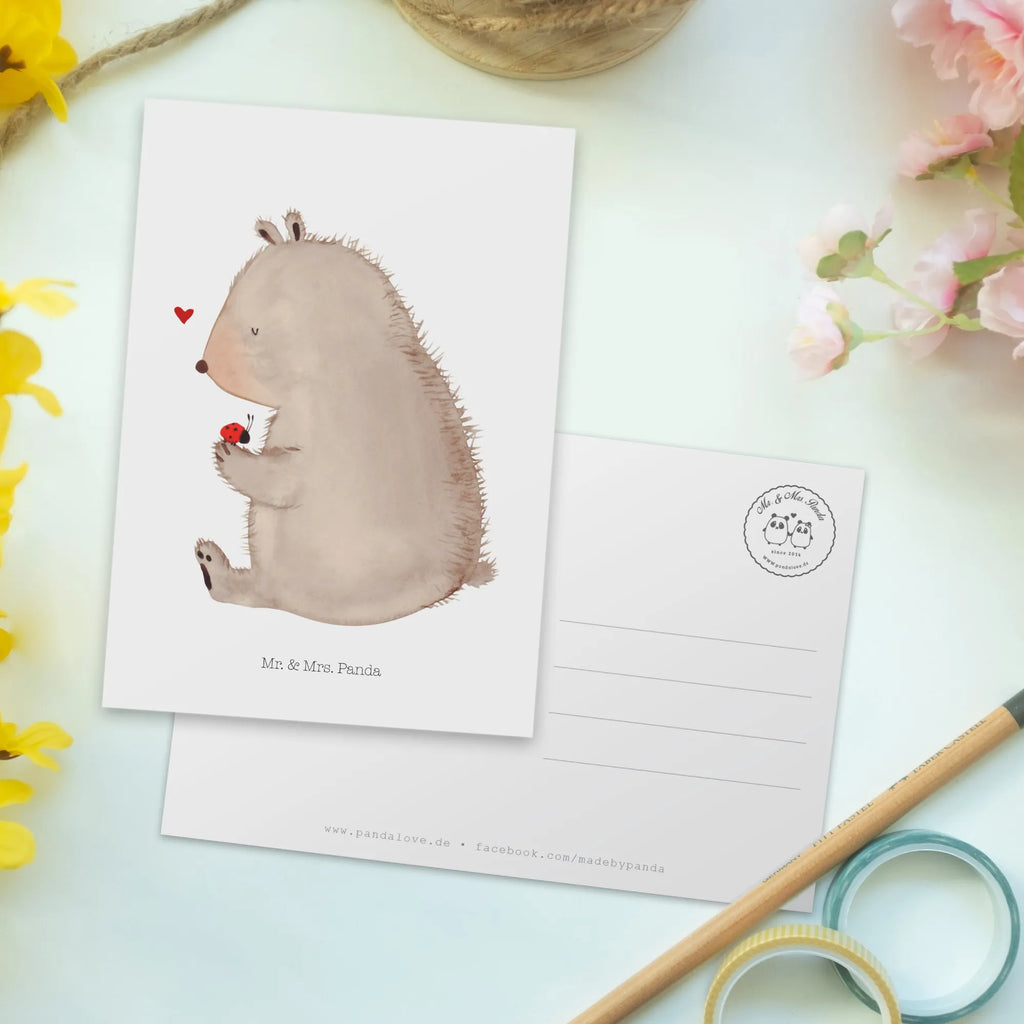 Postcard bear ladybug card, postcards, Postcard, gift, invitation, invitation card, letter, paper, gift card, bear, teddy, teddy bear, cuddly toy, motivation, ladybird, life is beautiful, freedom, love
