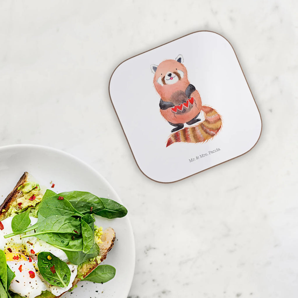 Square coaster red panda party, presents, glass coasters, gifts, Coasters, gift, breakfast, small animals, cute, funny, cute animal motives, hand drawn, small world, funny sayings, good mood, happy, gift ideas, special gifts, animal lover, card, favourite person, darling, red, Panda, heart, love
