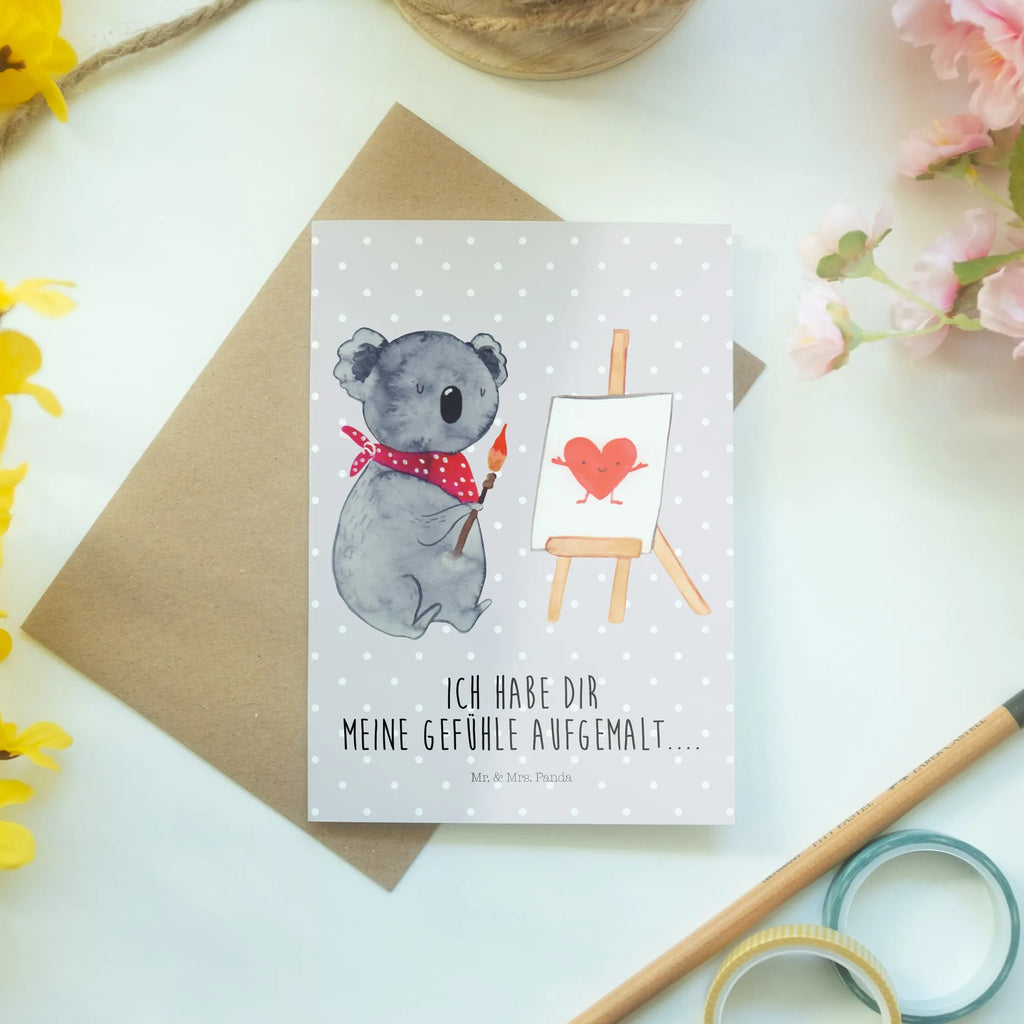 Grußkarte Koala Künstler genesungskarte, dankeskarten, Klappkarte, jubiläumskarte, osterkarte, weihnachtskarten, kommunionskarte, Glückwunschkarte, valentinstagskarte, neujahrskarte, osterkarten, glückwunschkarten, Motivkarte, einladungskarten, abiturkarte, spruchkarte, Grußkarten, vatertagskarte, Grußkarte, hochzeitskarten, Beileidskarte, firmungskarte, babykarte, Koala, Koalabär, Liebesgeschenk, Liebe, Zeichnen, Liebensbeweis, Gefühle, Künstler
