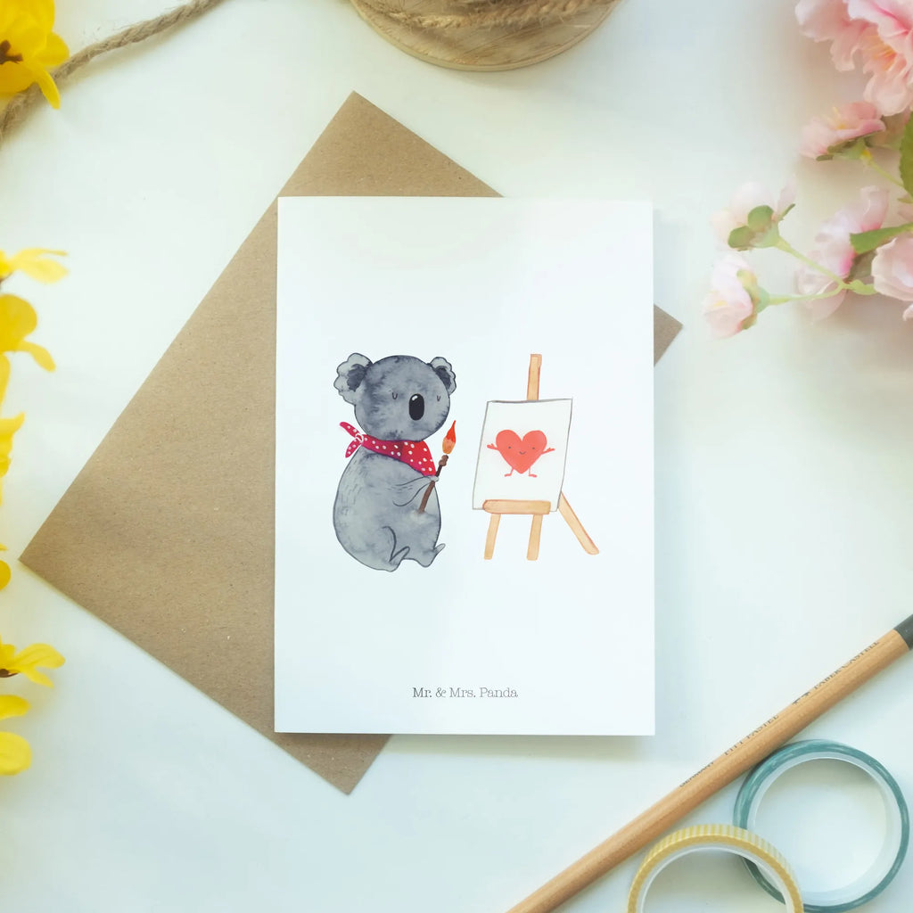 Grußkarte Koala Künstler genesungskarte, dankeskarten, Klappkarte, jubiläumskarte, osterkarte, weihnachtskarten, kommunionskarte, Glückwunschkarte, valentinstagskarte, neujahrskarte, osterkarten, glückwunschkarten, Motivkarte, einladungskarten, abiturkarte, spruchkarte, Grußkarten, vatertagskarte, Grußkarte, hochzeitskarten, Beileidskarte, firmungskarte, babykarte, Koala, Koalabär, Liebesgeschenk, Liebe, Zeichnen, Liebensbeweis, Gefühle, Künstler