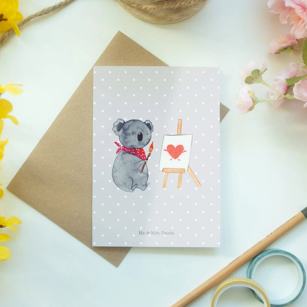 Grußkarte Koala Künstler genesungskarte, dankeskarten, Klappkarte, jubiläumskarte, osterkarte, weihnachtskarten, kommunionskarte, Glückwunschkarte, valentinstagskarte, neujahrskarte, osterkarten, glückwunschkarten, Motivkarte, einladungskarten, abiturkarte, spruchkarte, Grußkarten, vatertagskarte, Grußkarte, hochzeitskarten, Beileidskarte, firmungskarte, babykarte, Koala, Koalabär, Liebesgeschenk, Liebe, Zeichnen, Liebensbeweis, Gefühle, Künstler