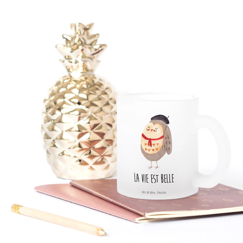 Glass tea cup Owl France tea, tea glass, mug, glass, Tea cup, owl, forest animal, bird, nocturnal, gift ideas, birthday present, illustrated, funny, romantic gift, owl decor, Owls, France, Owl, La vie est belle, Say beautiful, Owl decoration, hibou, Life is beautiful, Say French