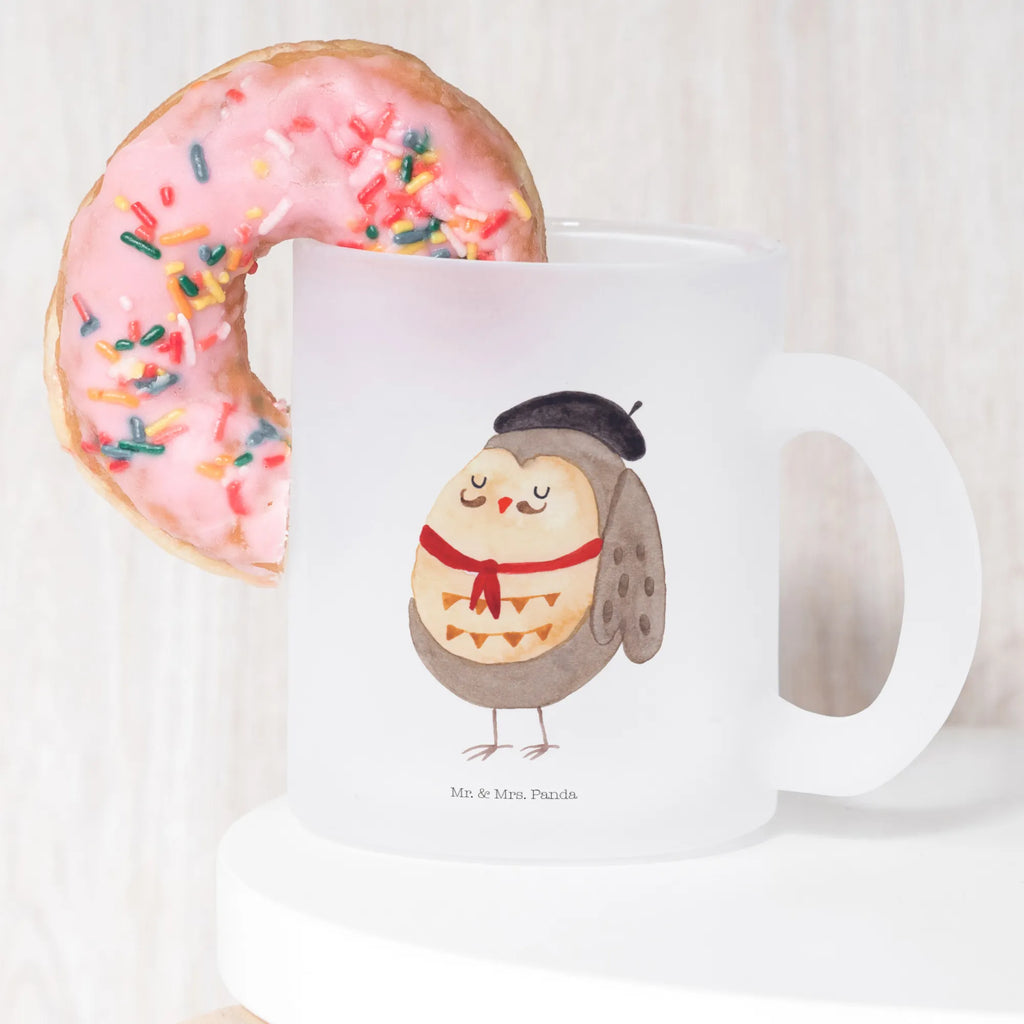 Glass tea cup Owl France tea, tea glass, mug, glass, Tea cup, owl, forest animal, bird, nocturnal, gift ideas, birthday present, illustrated, funny, romantic gift, owl decor, Owls, France, Owl, La vie est belle, Say beautiful, Owl decoration, hibou, Life is beautiful, Say French