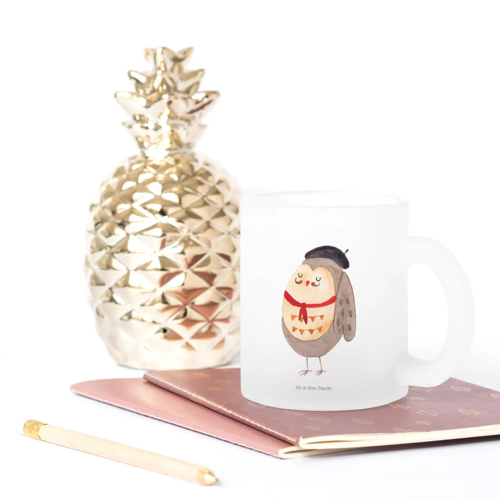 Glass tea cup Owl France tea, tea glass, mug, glass, Tea cup, owl, forest animal, bird, nocturnal, gift ideas, birthday present, illustrated, funny, romantic gift, owl decor, Owls, France, Owl, La vie est belle, Say beautiful, Owl decoration, hibou, Life is beautiful, Say French