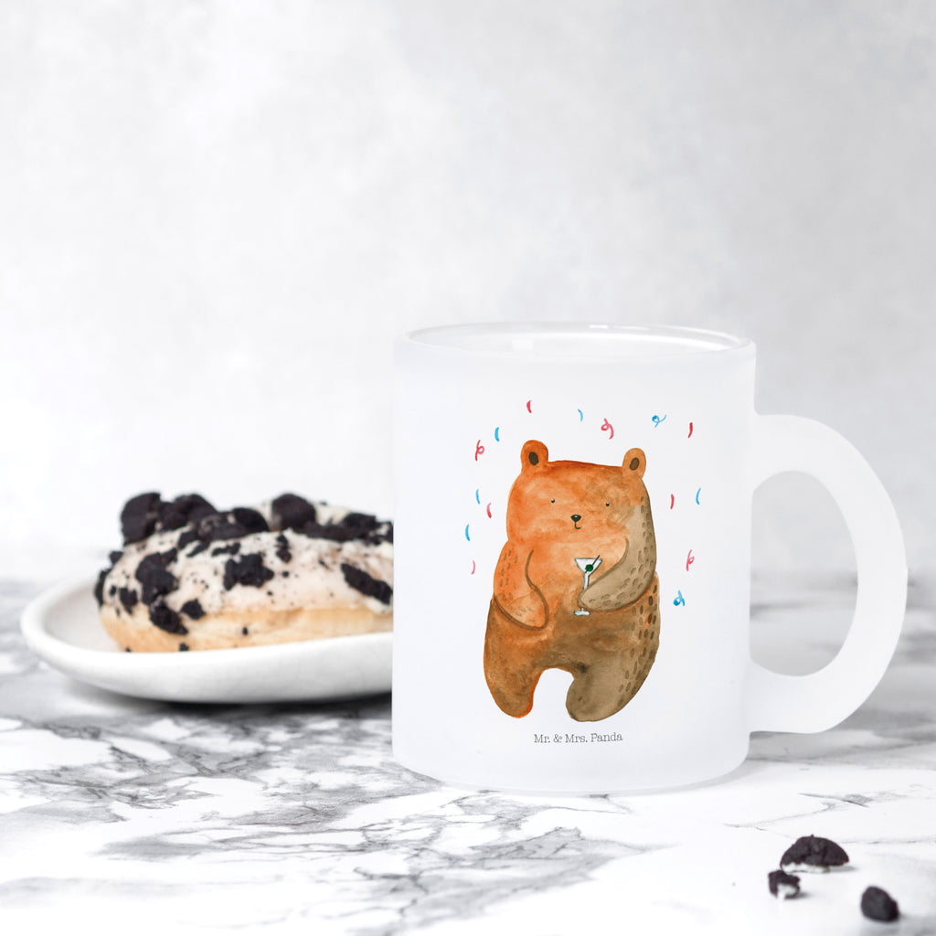 Glass tea cup bear party mug, glass, tea glass, Tea cup, tea, bear, teddy, teddy bear, cuddly toy, Present, Partying, Funny, Bring a present, Celebrate, Birthday present, Party, Birthday, Good mood