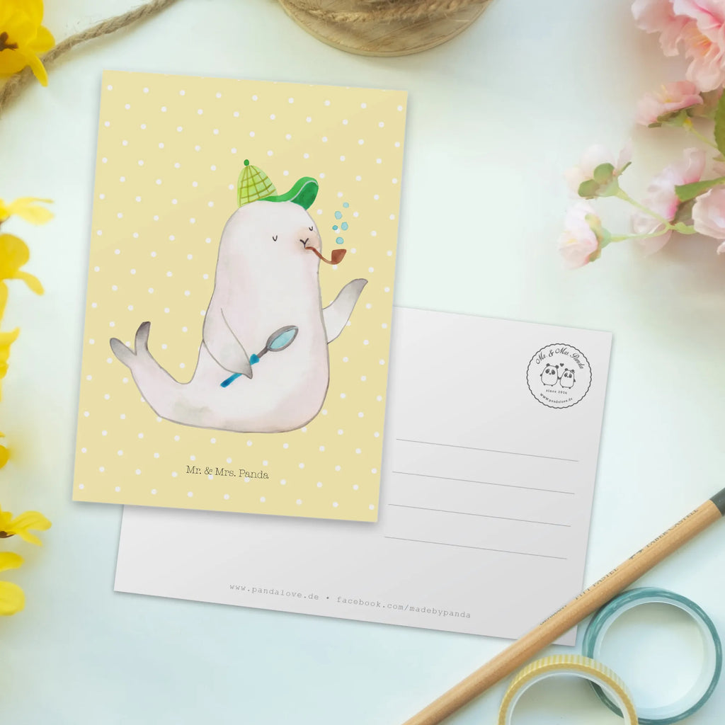Postcard seal sherlock Postcard, card, letter, invitation card, paper, gift card, invitation, postcards, gift, small animals, cute, funny, cute animal motives, hand drawn, small world, funny sayings, good mood, happy, gifts, gift ideas, special gifts, animal lover