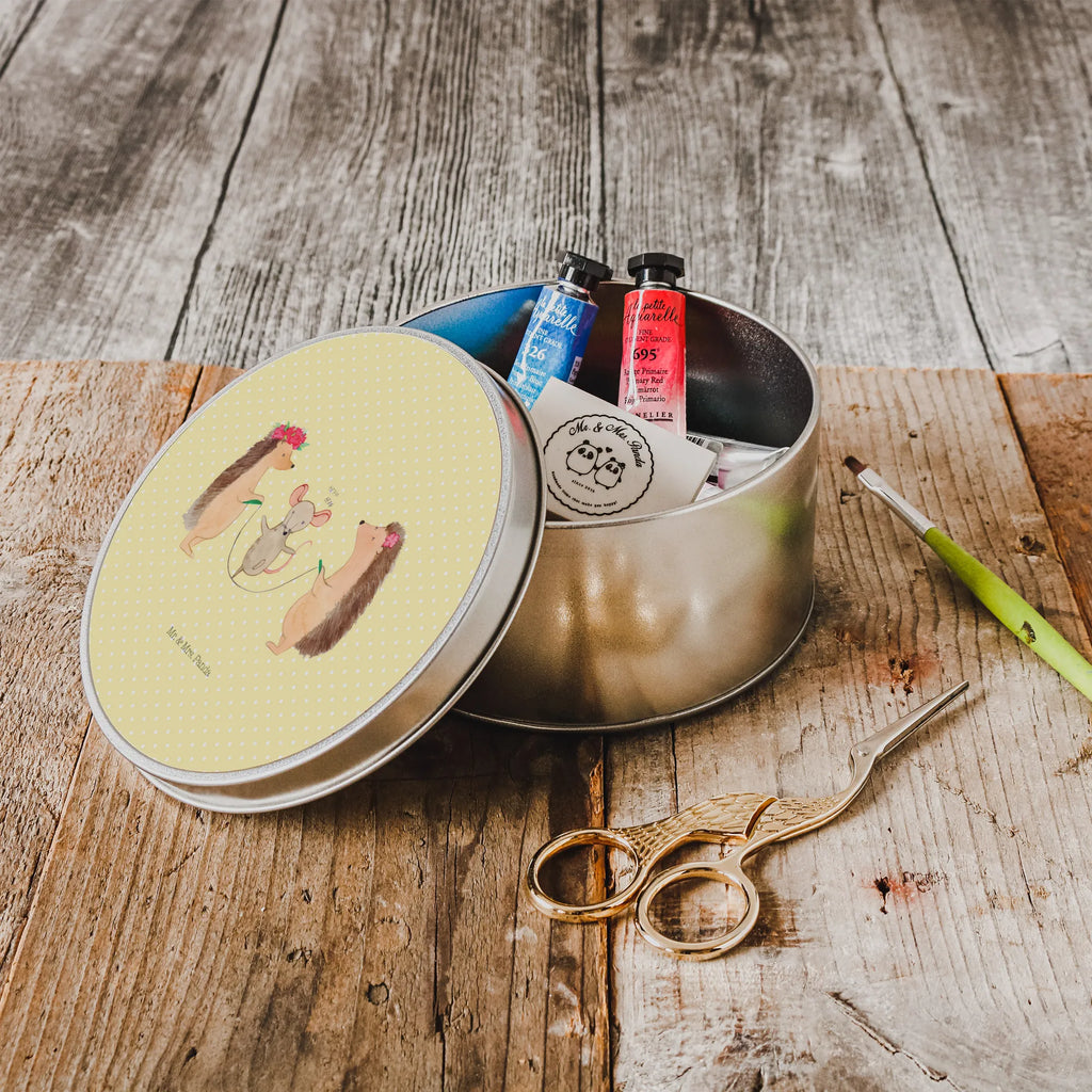 Round tin Hedgehog skipping storage, cookie tin, tin, gift box, tin can, storage tin, small animals, cute, funny, cute animal motives, hand drawn, small world, funny sayings, good mood, happy, gifts, gift ideas, special gifts, animal lover, card, rope skipping, mouse, kindergarten, hedgehog, children