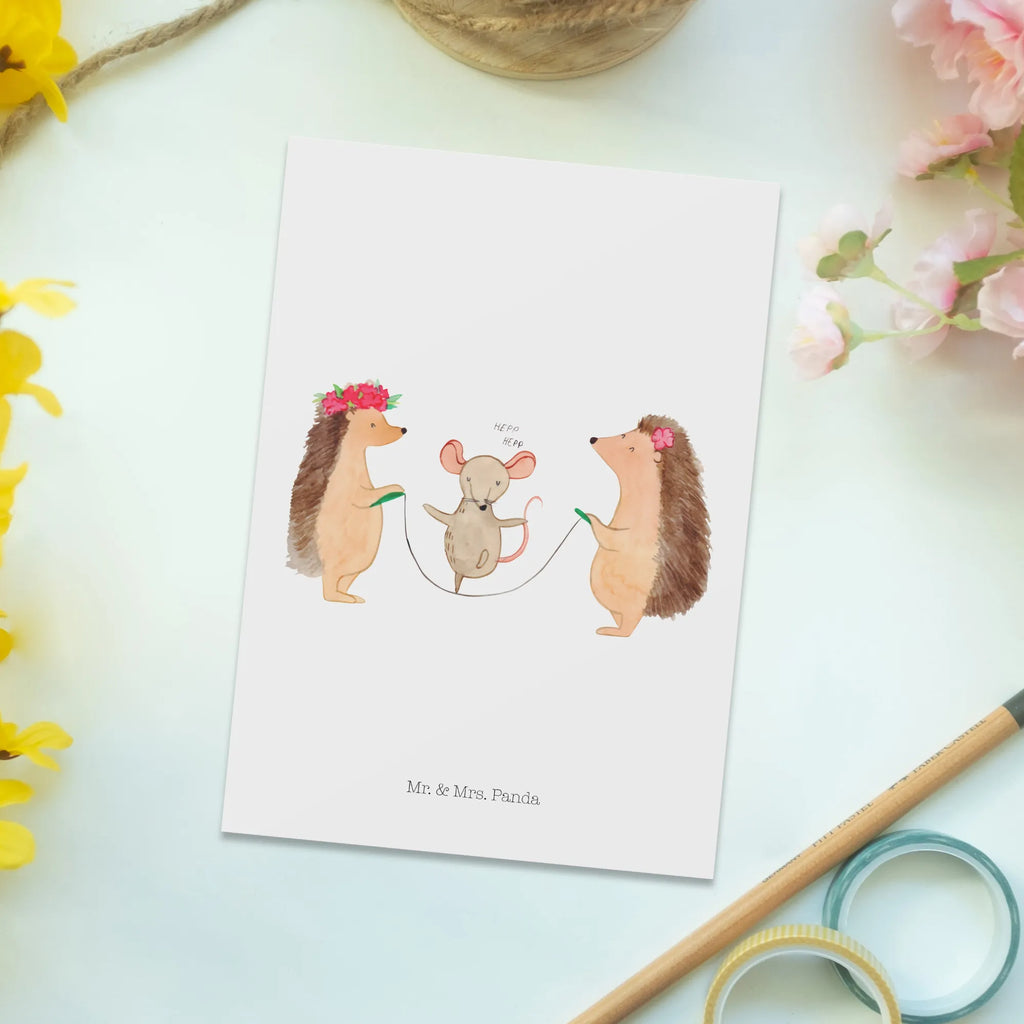 Postcard Hedgehog skipping invitation, postcards, card, invitation card, gift card, gift, letter, paper, Postcard, small animals, cute, funny, cute animal motives, hand drawn, small world, funny sayings, good mood, happy, gifts, gift ideas, special gifts, animal lover, kindergarten, mouse, rope skipping, children, hedgehog