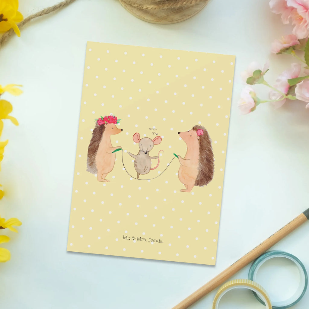 Postcard Hedgehog skipping invitation, postcards, card, invitation card, gift card, gift, letter, paper, Postcard, small animals, cute, funny, cute animal motives, hand drawn, small world, funny sayings, good mood, happy, gifts, gift ideas, special gifts, animal lover, kindergarten, mouse, rope skipping, children, hedgehog