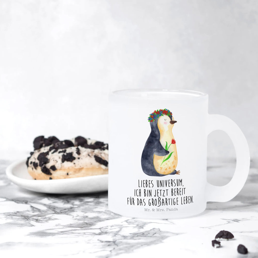 Teetasse Pinguin Blumenkranz tasse glas, Tee Tasse, Teegläser, Teetasse Glas, Tasse Für Tee, becher glas, Trinkglas, glastasse, Teetasse aus Glas, Teetasse, Glas Teebecher, Große Teetasse, getränkeglas, Tasse, Becher, Glasbecher, becher für tee, Teeglas, Pinguin, Pinguine, Liebeskummer, Wünsche, Ziele, Blumenkranz, Lebensziele, Lebenslust, Universum, Motivation, Geschenkidee, Leben