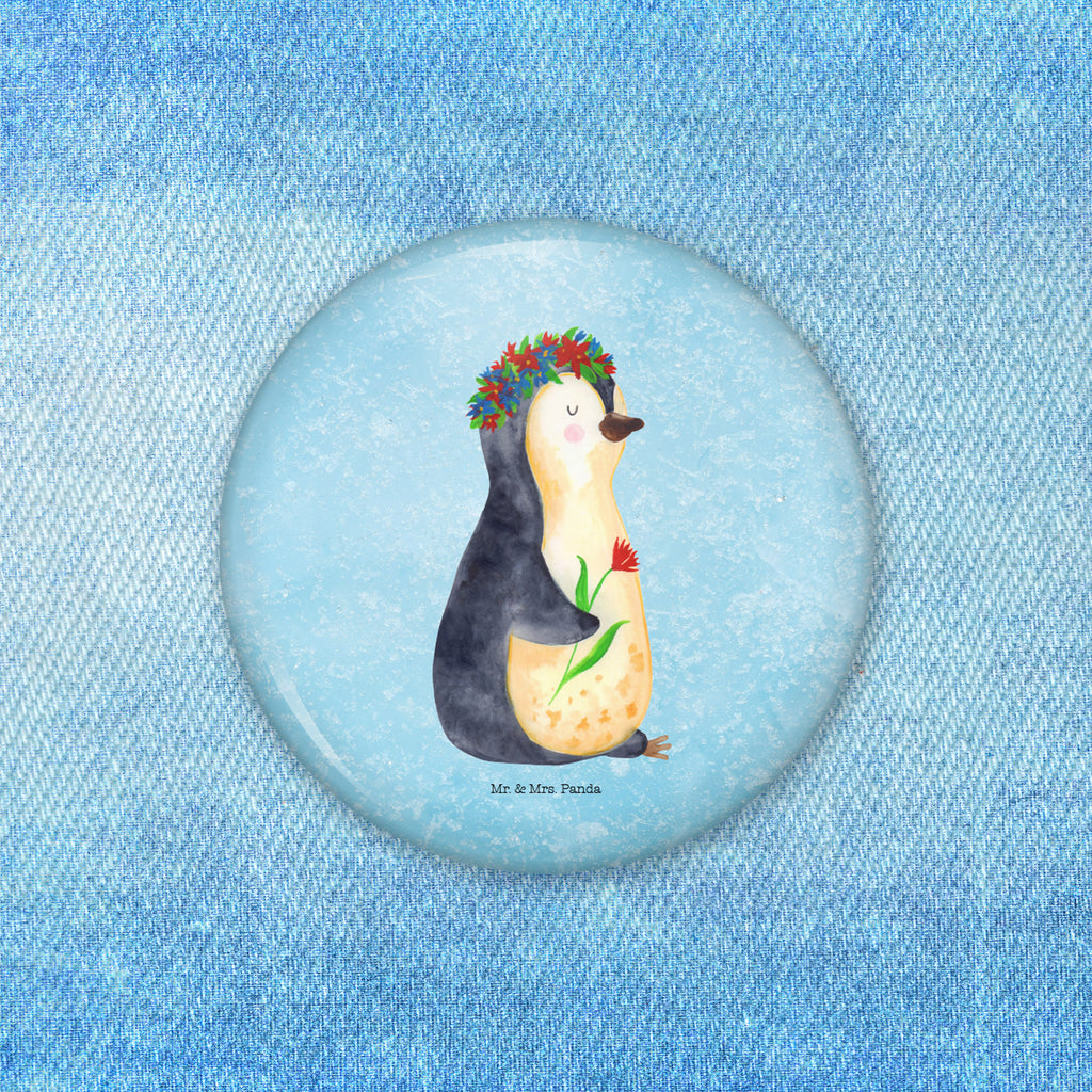 Button Pinguin Blumenkranz 50mm Button, Button, Pin, Anstecknadel, Pinguin, Pinguine, Blumenkranz, Universum, Leben, Wünsche, Ziele, Lebensziele, Motivation, Lebenslust, Liebeskummer, Geschenkidee