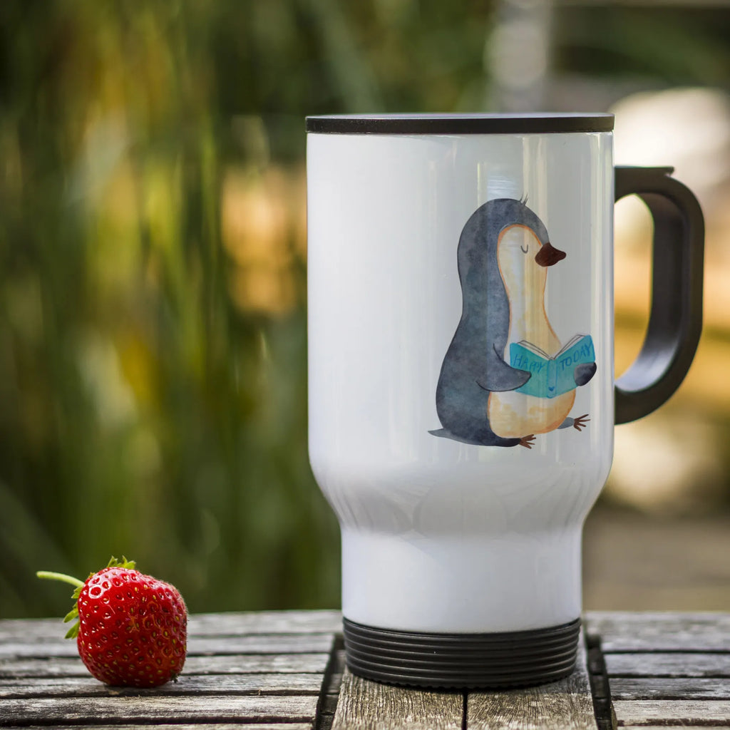Insulated mug Penguin A book travel coffee mug, travel mug, Coffee mug, Thermo cup, Insulated mug, To Go mug, Thermo mug, Penguin, North Pole, Winter, Penguins, bookworm, book, leisure, penguins, vacation, reading, holidays, doing nothing, lazing around