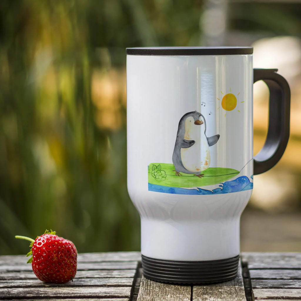 Insulated mug Penguin surfer travel coffee mug, Thermo mug, travel mug, Thermo cup, Insulated mug, To Go mug, Coffee mug, Penguin, North Pole, Winter, Penguins, holidays, wave riding, waves, surfing, surfers, penguins, Portugal, Hawaii