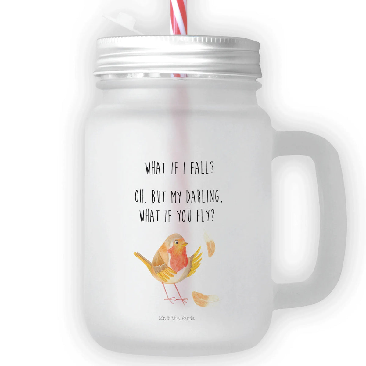 Mason jar drinking glass robin feathers cocktail glass, summer glass, handle glass, drinking glass, Mason Jar, glass, preserving glass, small animals, cute, funny, cute animal motives, hand drawn, small world, funny sayings, good mood, happy, gifts, gift ideas, special gifts, animal lover, card, motivation slogans, bird, robin, flying, slogan courage, What if i fall, slogan motivation, motivation pictures