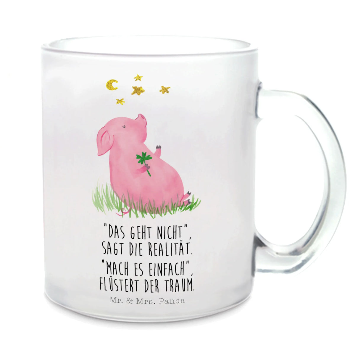 Glass tea cup Pig Luck tea, glass, Tea cup, tea glass, mug, small animals, cute, funny, cute animal motives, hand drawn, small world, funny sayings, good mood, happy, gifts, gift ideas, special gifts, animal lover, card, piglet, asterisks, lucky charm, dreams, goals, Lucky bastard. Luck, motivation, pig, stars