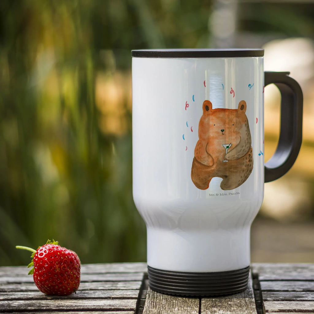 Insulated mug bear party travel coffee mug, travel mug, Insulated mug, Coffee mug, To Go mug, Thermo cup, Thermo mug, bear, teddy, teddy bear, cuddly toy, Celebrate, Party, Bring a present, Birthday, Good mood, Partying, Birthday present, Funny, Present