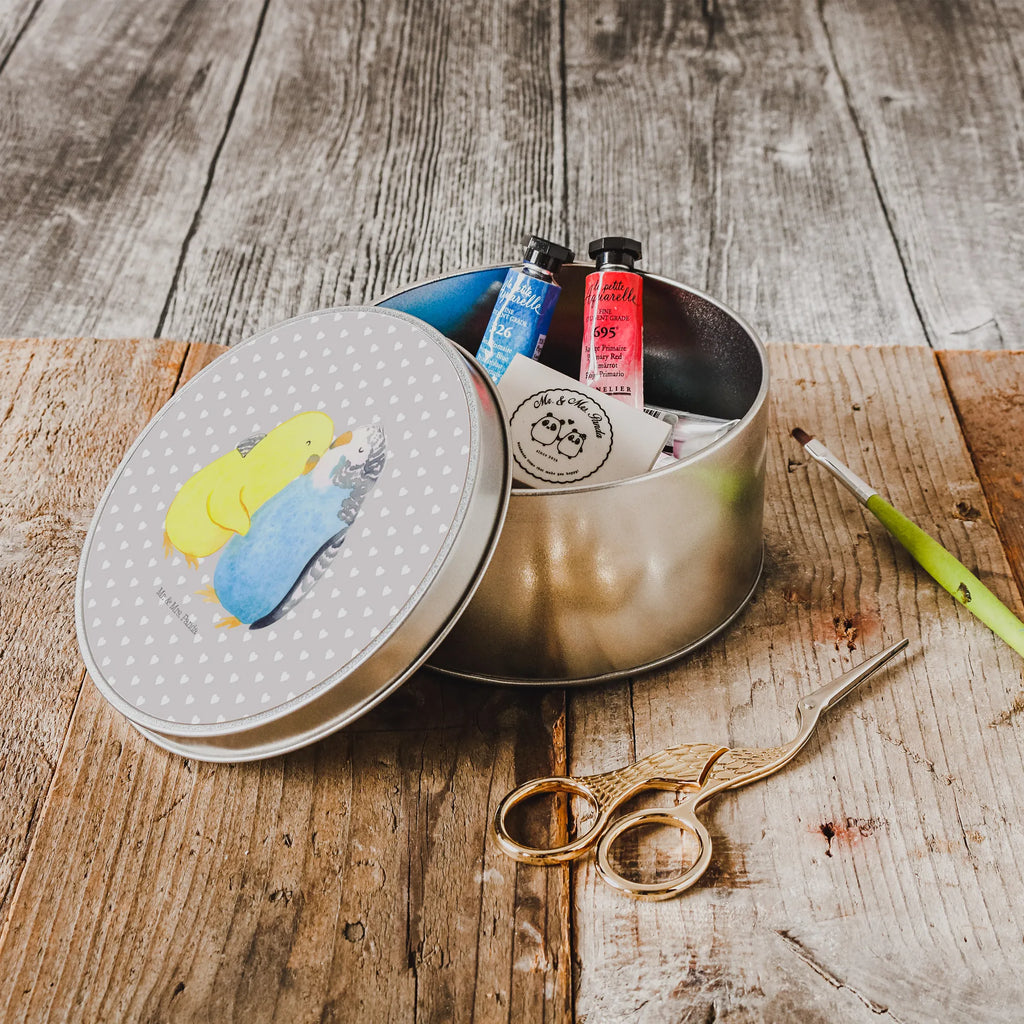 Round tin Parakeets in love cookie tin, tin, storage, storage tin, gift box, tin can, Love, Loving, Two, Together, Marriage, Engagement, Proposal of marriage, Love gift, gift for her, gift for him, anniversary gift, birds, budgie, closeness, cuddling, trust, love
