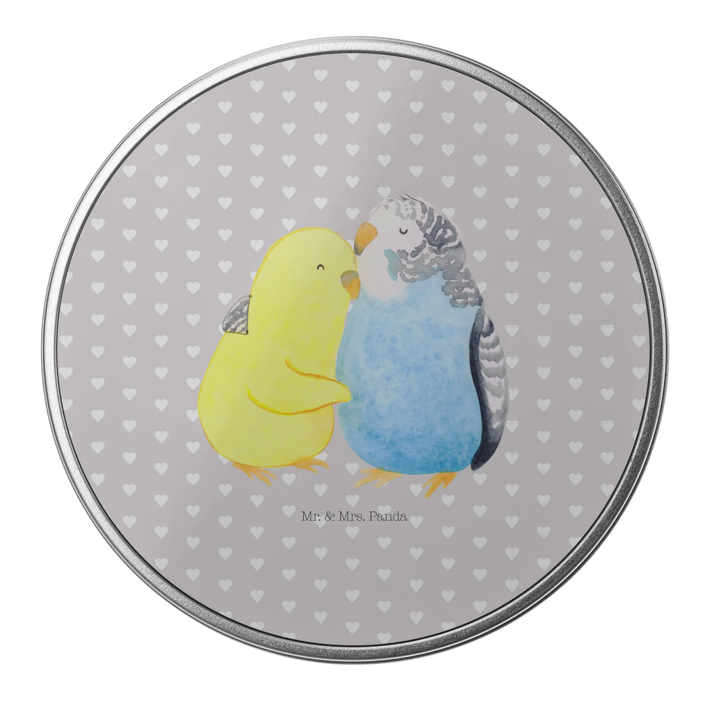 Round tin Parakeets in love cookie tin, tin, storage, storage tin, gift box, tin can, Love, Loving, Two, Together, Marriage, Engagement, Proposal of marriage, Love gift, gift for her, gift for him, anniversary gift, birds, budgie, closeness, cuddling, trust, love
