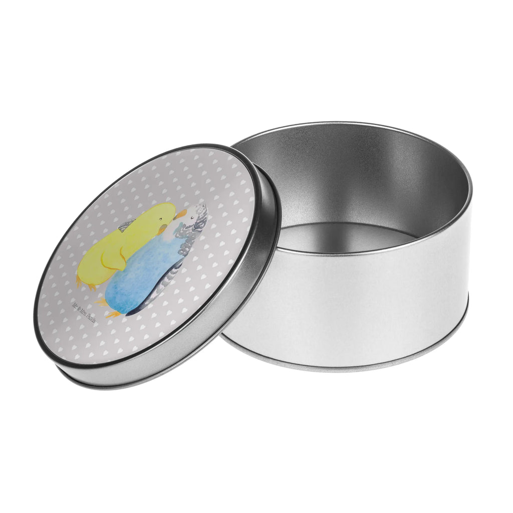 Round tin Parakeets in love cookie tin, tin, storage, storage tin, gift box, tin can, Love, Loving, Two, Together, Marriage, Engagement, Proposal of marriage, Love gift, gift for her, gift for him, anniversary gift, birds, budgie, closeness, cuddling, trust, love