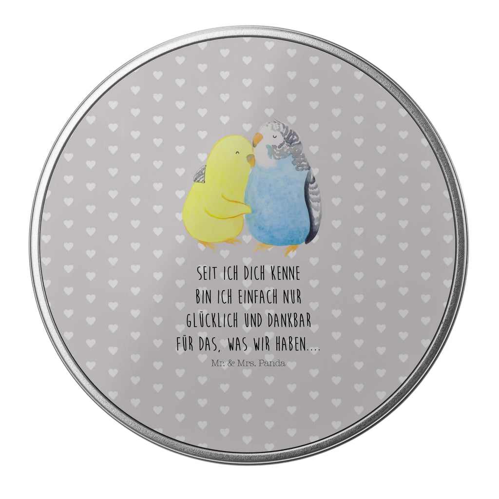 Round tin Parakeets in love cookie tin, tin, storage, storage tin, gift box, tin can, Love, Loving, Two, Together, Marriage, Engagement, Proposal of marriage, Love gift, gift for her, gift for him, anniversary gift, birds, budgie, closeness, cuddling, trust, love