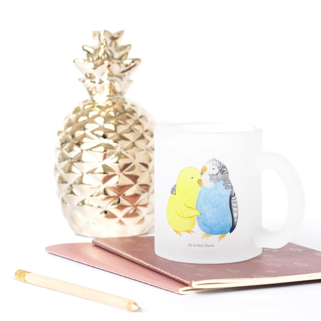 Glass tea cup Parakeets in love tea glass, glass, Tea cup, mug, tea, Love, Loving, Two, Together, Marriage, Engagement, Proposal of marriage, Love gift, gift for her, gift for him, anniversary gift, cuddling, birds, closeness, love, budgie, trust