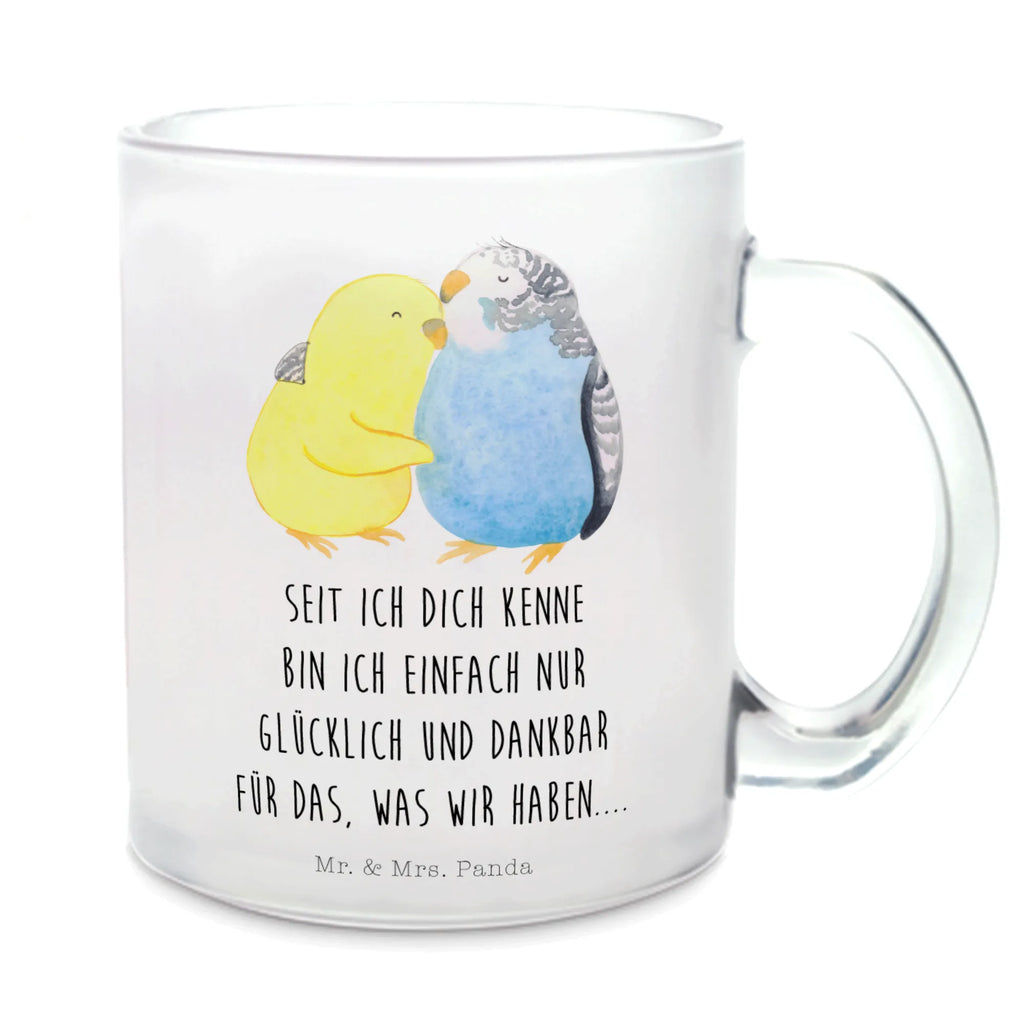 Glass tea cup Parakeets in love tea glass, glass, Tea cup, mug, tea, Love, Loving, Two, Together, Marriage, Engagement, Proposal of marriage, Love gift, gift for her, gift for him, anniversary gift, cuddling, birds, closeness, love, budgie, trust