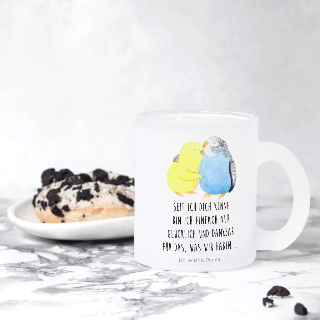 Glass tea cup Parakeets in love tea glass, glass, Tea cup, mug, tea, Love, Loving, Two, Together, Marriage, Engagement, Proposal of marriage, Love gift, gift for her, gift for him, anniversary gift, cuddling, birds, closeness, love, budgie, trust