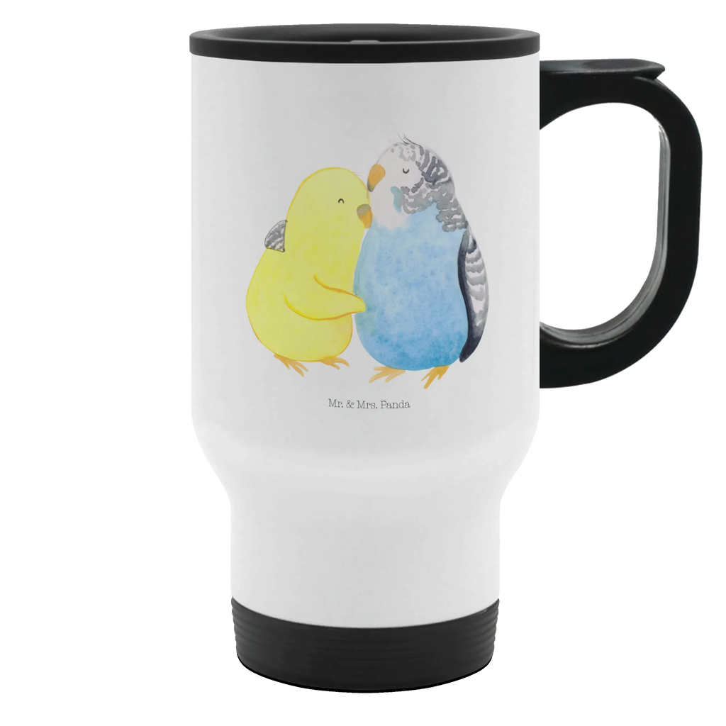 Insulated mug Parakeets in love travel mug, Thermo mug, To Go mug, travel coffee mug, Thermo cup, Insulated mug, Coffee mug, Love, Loving, Two, Together, Marriage, Engagement, Proposal of marriage, Love gift, gift for her, gift for him, anniversary gift, trust, closeness, birds, cuddling, love, budgie