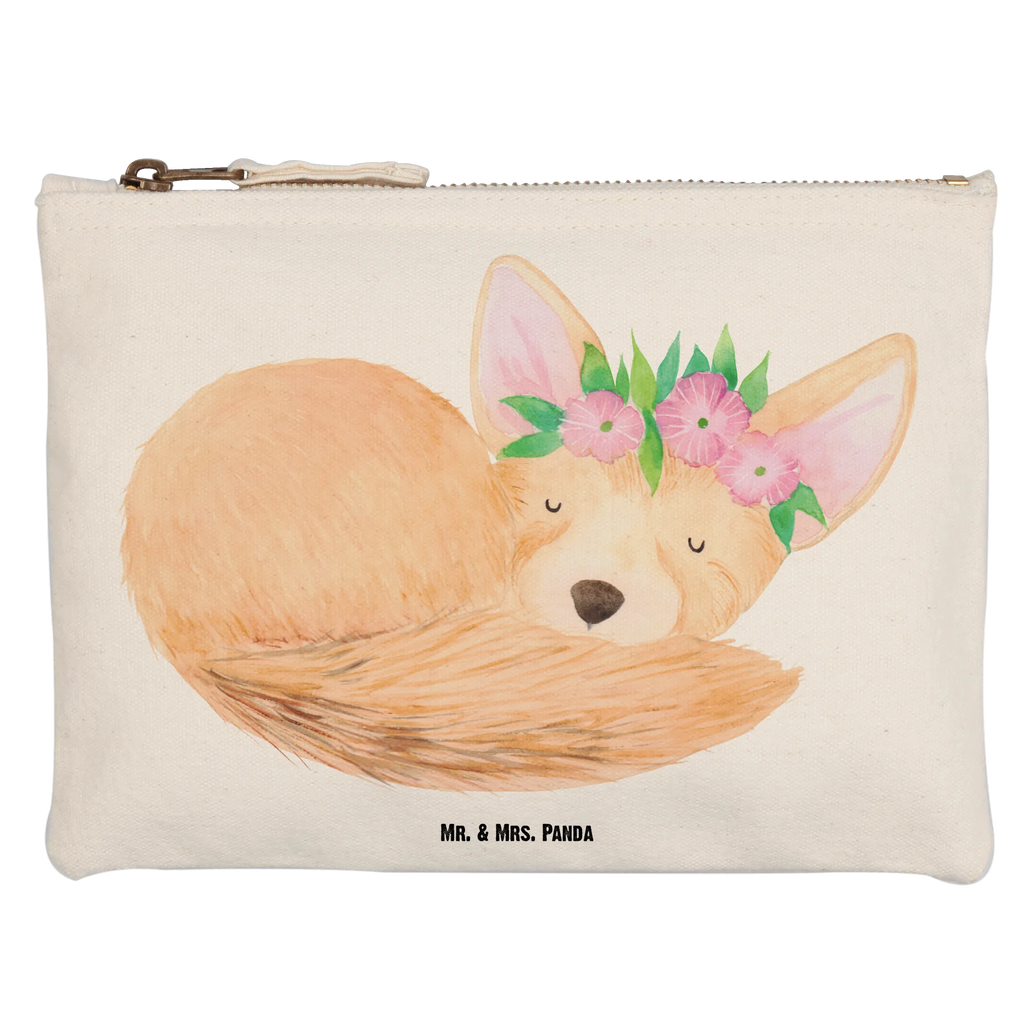Schminktasche Wüstenfuchs Blumen Waschbeutel, Schminkbeutel, beauty case, utensilientasche, Schminktasche, Waschtasche, Kosmetiktasche, pencil case, Mäppchen, Stiftemäppchen, aufbewahrungstasche, beauty tasche, Kulturtasche, Etui, Federmappe, aufbewahrungsbeutel, Schlampermäppchen, Schminktäschchen, Kosmetikbeutel, Kulturbeutel, kosmetiktäschchen, pinsel tasche, toiletry bag, Afrika, Wildtiere, Glücklich, Wüstenfuchs, Blumen, Blumenkranz, Wüste