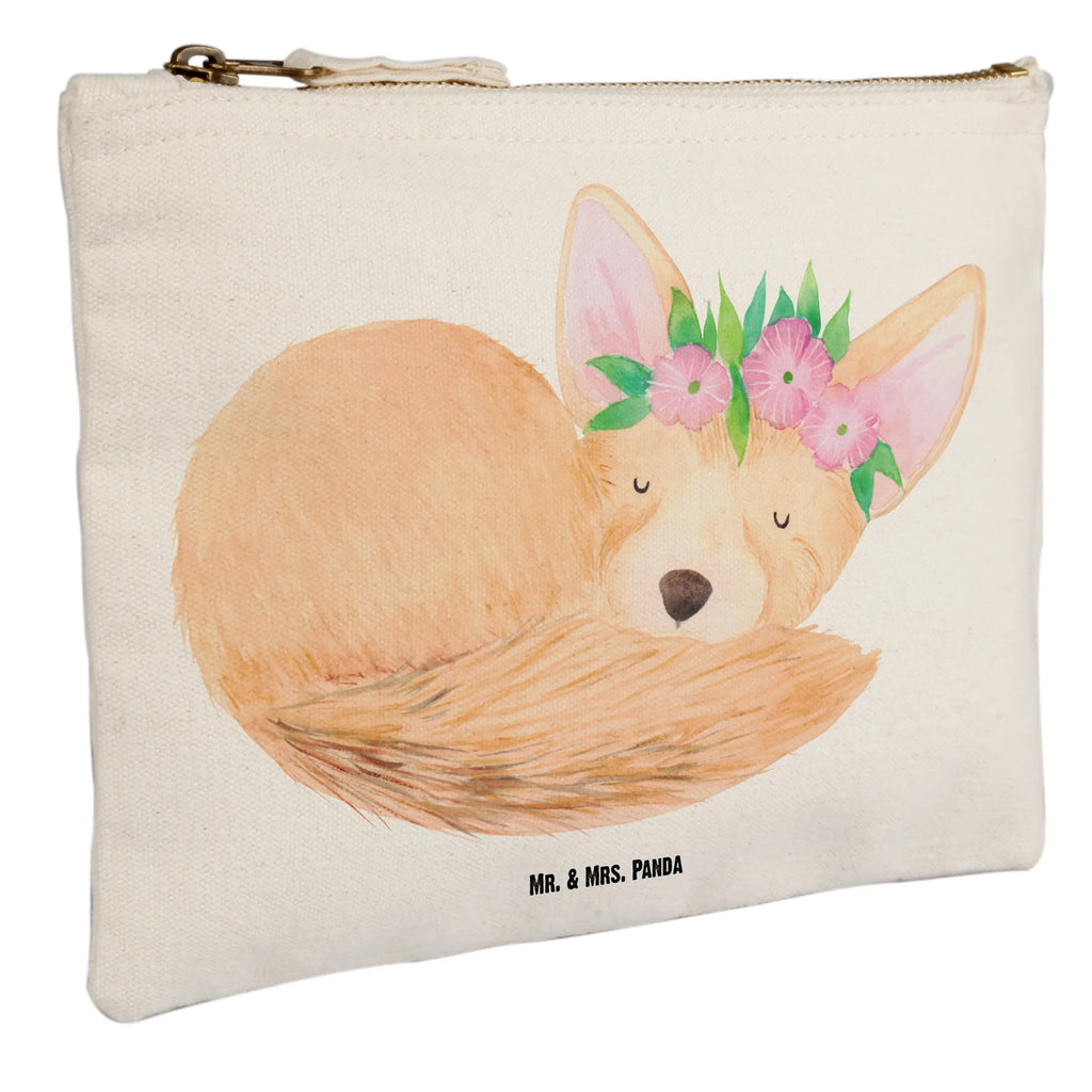 Schminktasche Wüstenfuchs Blumen Waschbeutel, Schminkbeutel, beauty case, utensilientasche, Schminktasche, Waschtasche, Kosmetiktasche, pencil case, Mäppchen, Stiftemäppchen, aufbewahrungstasche, beauty tasche, Kulturtasche, Etui, Federmappe, aufbewahrungsbeutel, Schlampermäppchen, Schminktäschchen, Kosmetikbeutel, Kulturbeutel, kosmetiktäschchen, pinsel tasche, toiletry bag, Afrika, Wildtiere, Glücklich, Wüstenfuchs, Blumen, Blumenkranz, Wüste