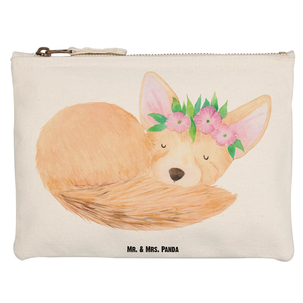 Schminktasche Wüstenfuchs Blumen Waschbeutel, Schminkbeutel, beauty case, utensilientasche, Schminktasche, Waschtasche, Kosmetiktasche, pencil case, Mäppchen, Stiftemäppchen, aufbewahrungstasche, beauty tasche, Kulturtasche, Etui, Federmappe, aufbewahrungsbeutel, Schlampermäppchen, Schminktäschchen, Kosmetikbeutel, Kulturbeutel, kosmetiktäschchen, pinsel tasche, toiletry bag, Afrika, Wildtiere, Glücklich, Wüstenfuchs, Blumen, Blumenkranz, Wüste