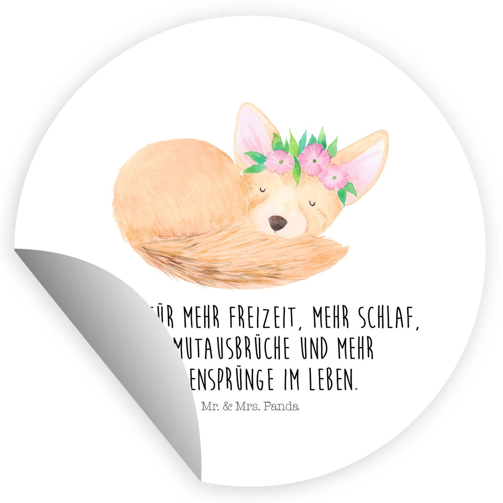 Rund Aufkleber Wüstenfuchs Blumenkranz Aufkleber, Etikett, Sticker, Afrika, Wildtiere, Wüste, Glücklich, Wüstenfuchs, Blumen, Blumenkranz