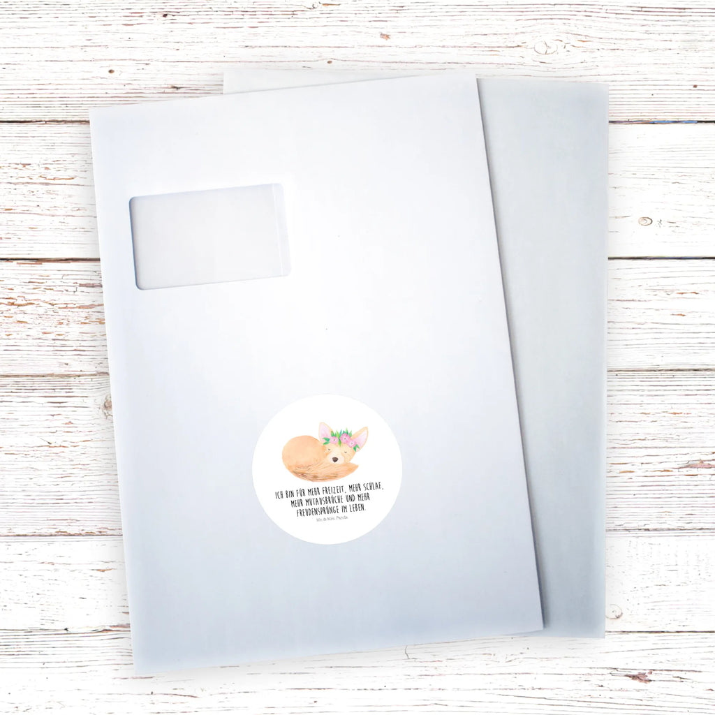 Rund Aufkleber Wüstenfuchs Blumenkranz Aufkleber, Etikett, Sticker, Afrika, Wildtiere, Wüste, Glücklich, Wüstenfuchs, Blumen, Blumenkranz
