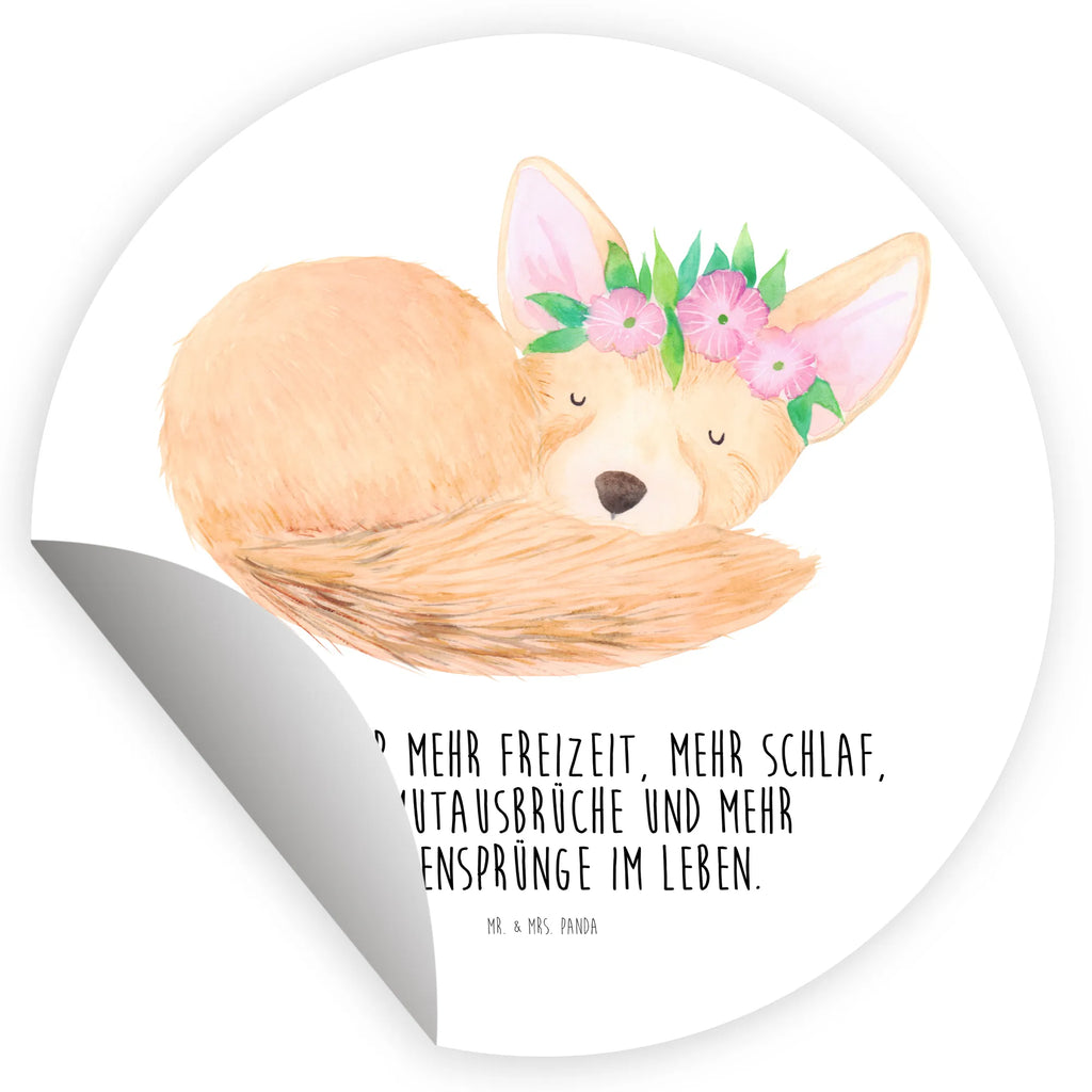 Rund Aufkleber Wüstenfuchs Blumenkranz Aufkleber, Etikett, Sticker, Afrika, Wildtiere, Wüste, Glücklich, Wüstenfuchs, Blumen, Blumenkranz