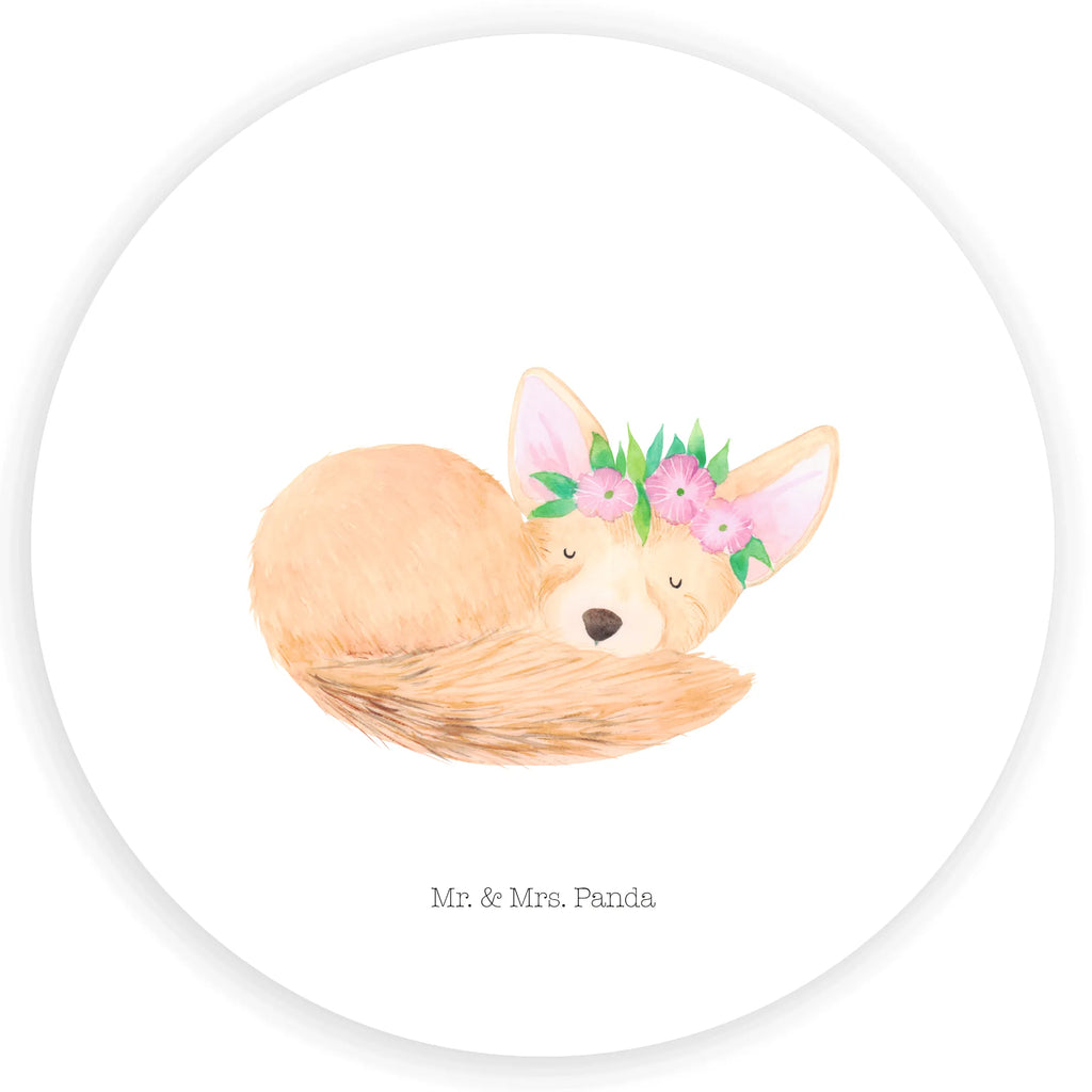 Rund Aufkleber Wüstenfuchs Blumenkranz Aufkleber, Etikett, Sticker, Afrika, Wildtiere, Wüste, Glücklich, Wüstenfuchs, Blumen, Blumenkranz