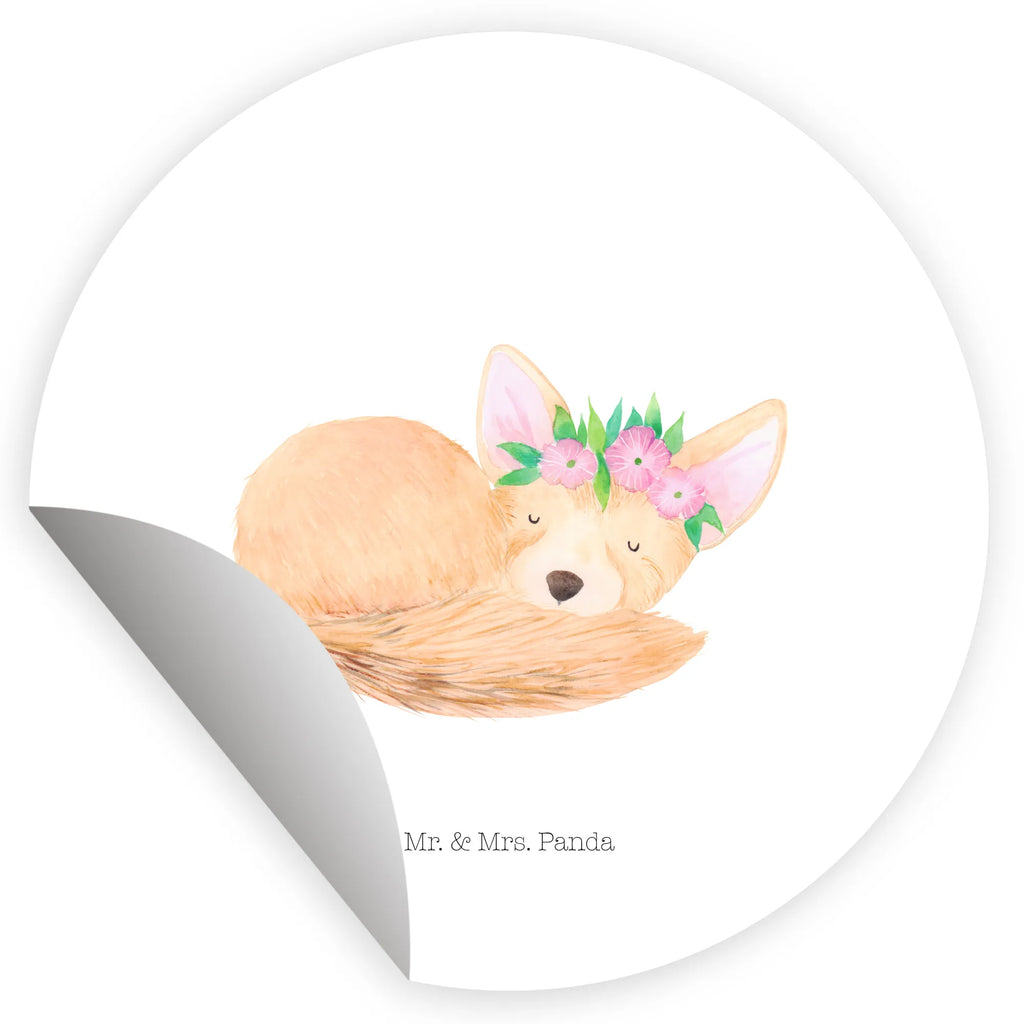 Rund Aufkleber Wüstenfuchs Blumenkranz Aufkleber, Etikett, Sticker, Afrika, Wildtiere, Wüste, Glücklich, Wüstenfuchs, Blumen, Blumenkranz