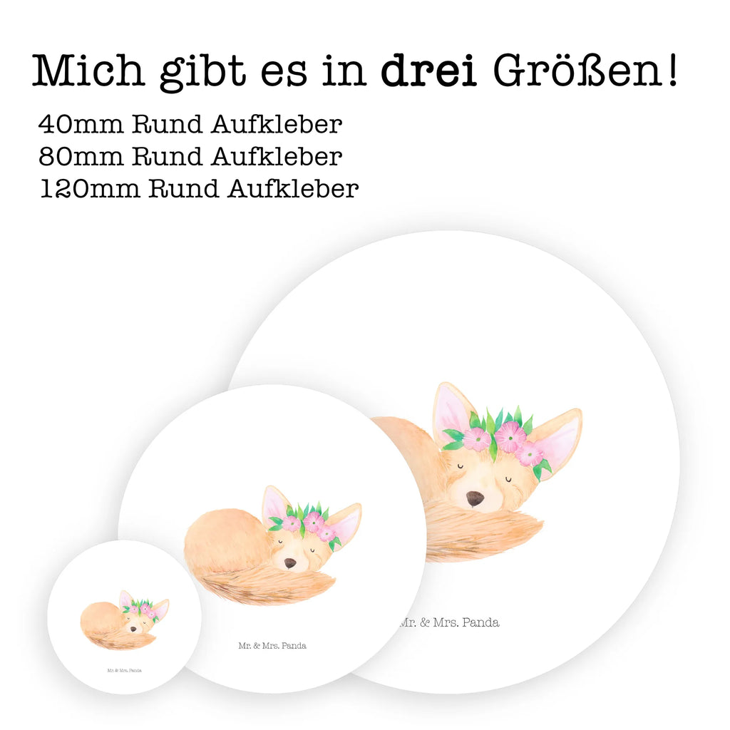 Rund Aufkleber Wüstenfuchs Blumenkranz Aufkleber, Etikett, Sticker, Afrika, Wildtiere, Wüste, Glücklich, Wüstenfuchs, Blumen, Blumenkranz