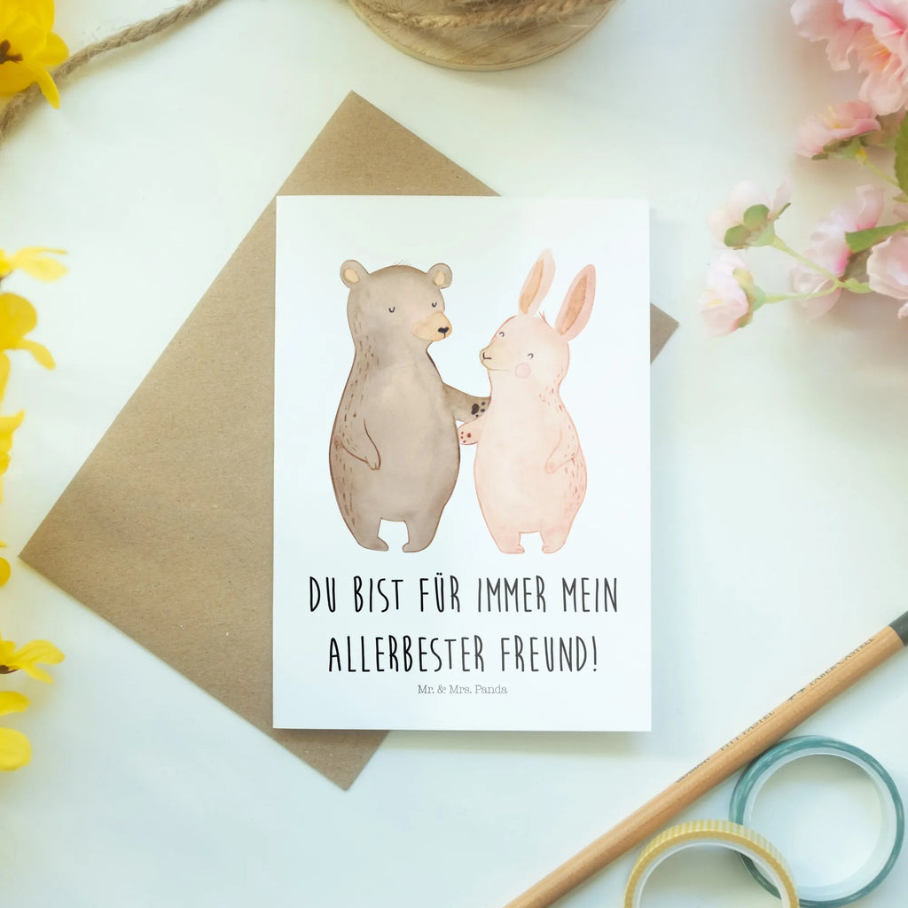 Greetings card bear and rabbit Embrace Hochzeitskarte, Ansichtskarten, Grußkarte, Karte, Geburtstagskarte, Klappkarte, Einladungskarte, Glückwunschkarte, Liebe, Partner, Freund, Freundin, Ehemann, Ehefrau, Heiraten, Verlobung, Heiratsantrag, Liebesgeschenk, Jahrestag, Hocheitstag, best friends, Bärchen, Bär, Freunde, bester Freund, Hase