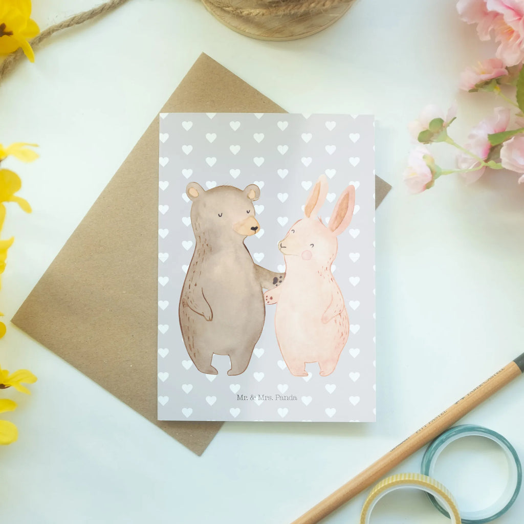 Greetings card bear and rabbit Embrace Hochzeitskarte, Ansichtskarten, Grußkarte, Karte, Geburtstagskarte, Klappkarte, Einladungskarte, Glückwunschkarte, Liebe, Partner, Freund, Freundin, Ehemann, Ehefrau, Heiraten, Verlobung, Heiratsantrag, Liebesgeschenk, Jahrestag, Hocheitstag, best friends, Bärchen, Bär, Freunde, bester Freund, Hase