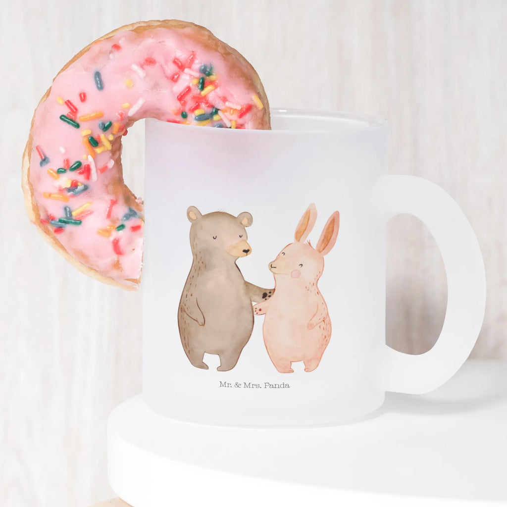 Glass tea cup bear and rabbit Embrace glass, tea, tea glass, mug, Tea cup, Love, Loving, Two, Together, Marriage, Engagement, Proposal of marriage, Love gift, gift for her, gift for him, anniversary gift, bear, best friends, best friend, rabbit, friends